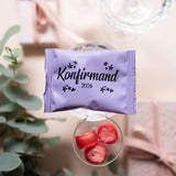 Konfirmationsbeutel lila mit schwarz bedruckten Herzen inkl. Harte Süßigkeiten