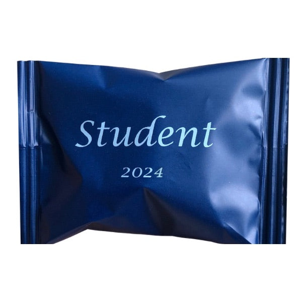 Blaue Studententasche mit weißem Aufdruck inkl. Harte Süßigkeiten